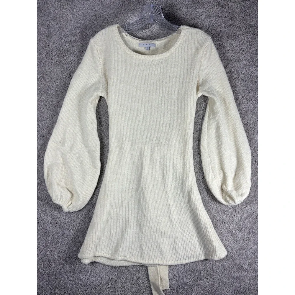 FAVLUX FASHION‎ Cream Ribbed Balloon Sleeve Sweater Dress Belted Size Small